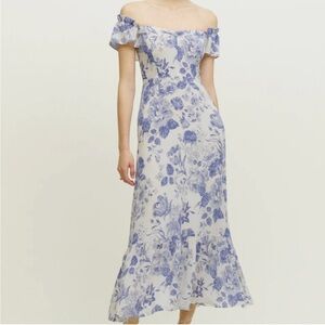 Reformation Butterfly Midi Dress Lucerne Blue White Floral 4